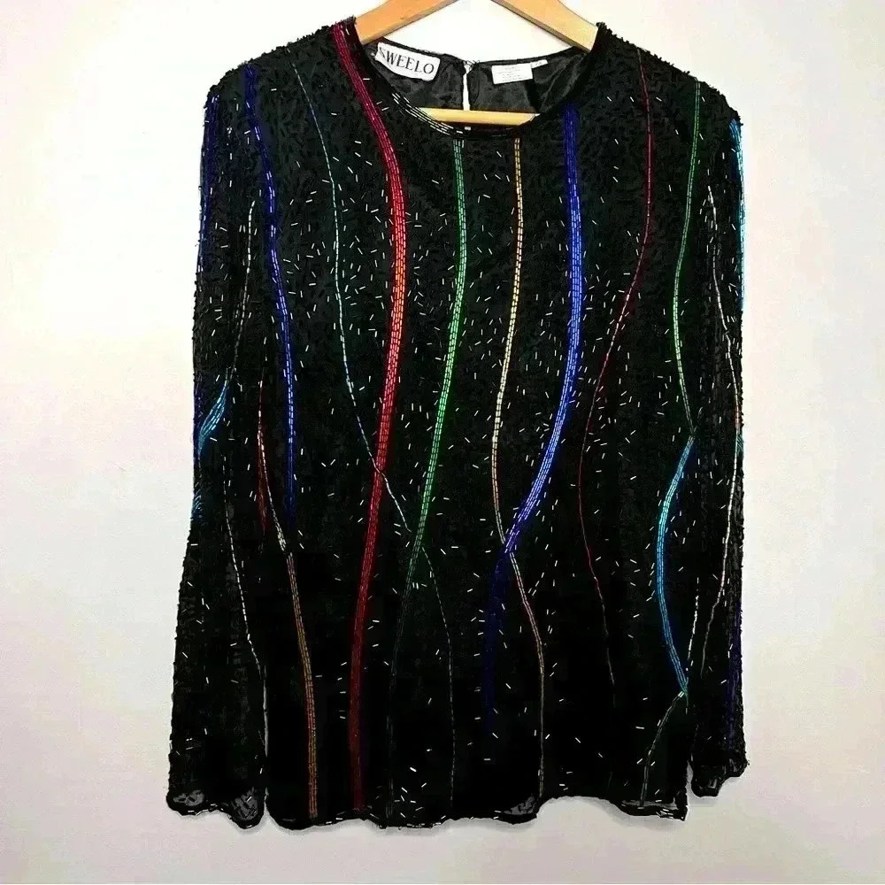 Vintage SWEELO Sequin Beaded Natural Silk Evening Blouse, Size S (6-8) EUC